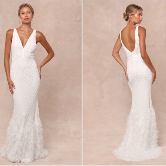 LULUS Bridal Wedding Elegant Sophisticated STUNNING Beaded Sequin Feathers Gown - Picture 5 of 6